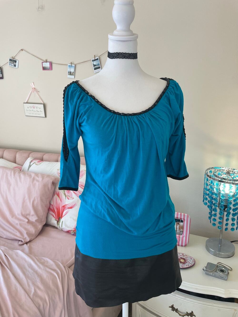 blue and black cold shoulder top